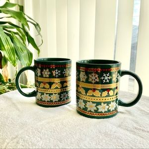 Set! 24kt gold Christmas coffee tea mugs green Mistletoe fair isle pattern
